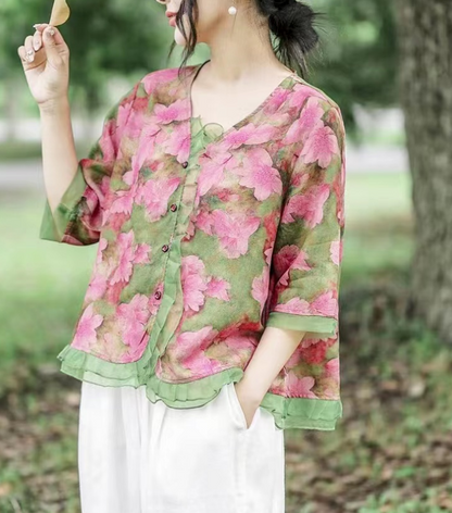 Elegant Printed Patchwork Tulle Cardigan Short Sleeve Blouse Top