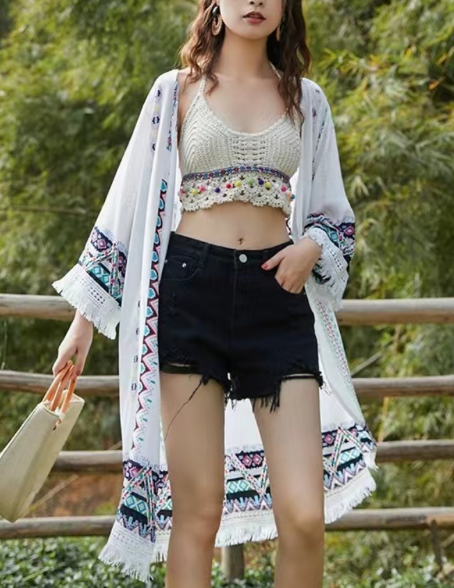 Loose Printed Fringe Thin Beach Sun Screen Jacket