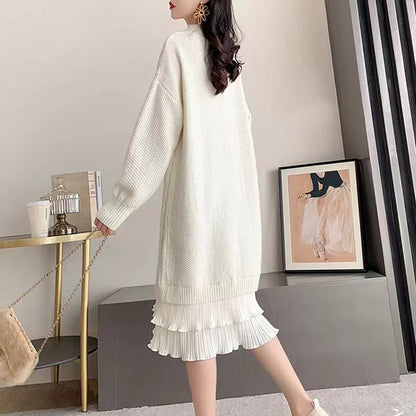 Elegant Patchwork Long Sleeve Long Knit Sweater Dress