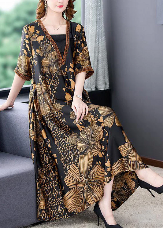 Women's Plus Size Black V-Neck Printed Oversized Hem Silk Dress