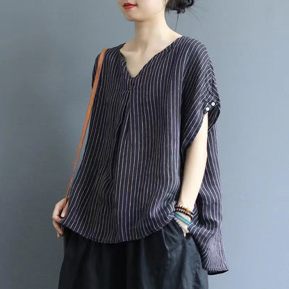 Women's Striped Linen V-Neck Shirt Top