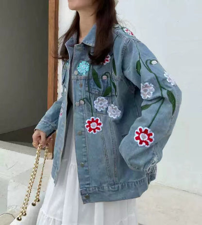 Loose Floral Embroidered Denim Jacket