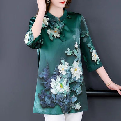 Elegant Standing Collar Printed Silk Short Sleeve Blouse Top