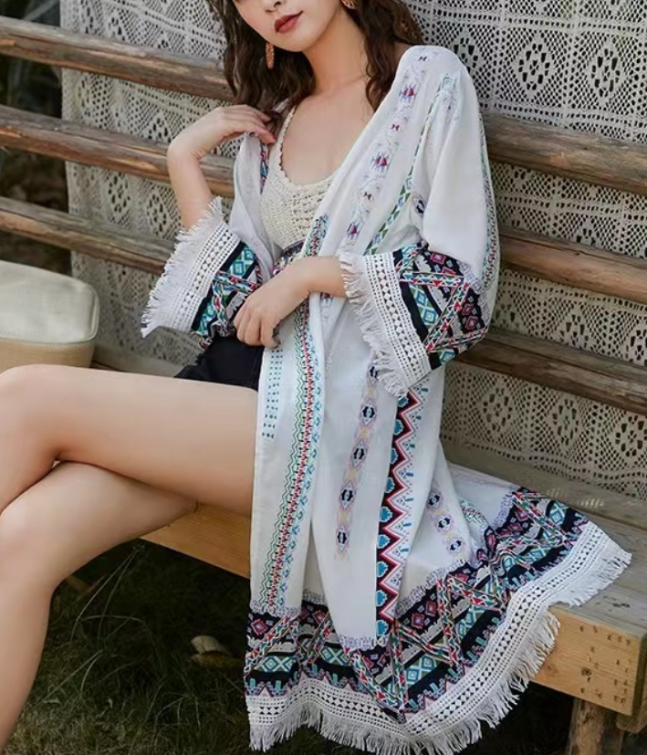 Loose Printed Fringe Thin Beach Sun Screen Jacket