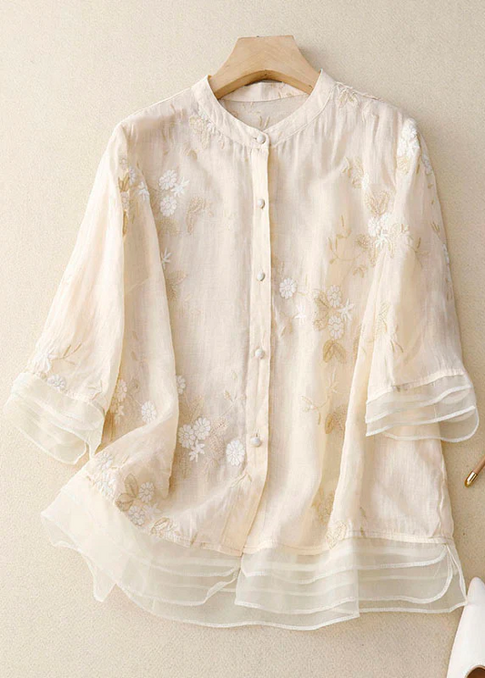 Elegant Embroidered Button Patchwork Cotton Cardigan Shirt Top