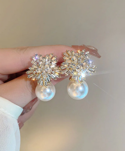 Luxury Peplum Gold Pearl Zirconia Flower Stud Earrings