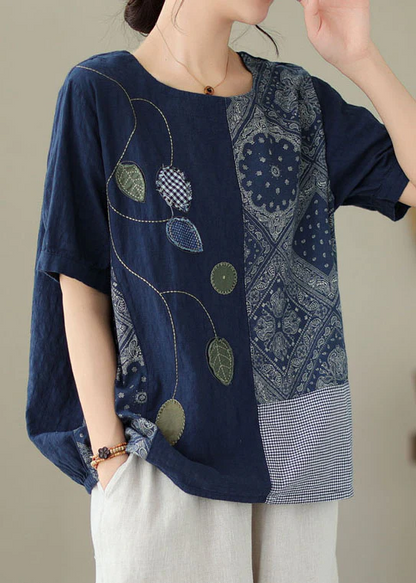 Casual Embroidered Printed Patchwork Cotton T-Shirt Top