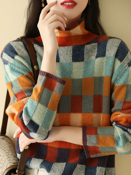 Loose high neck checkered knit sweater