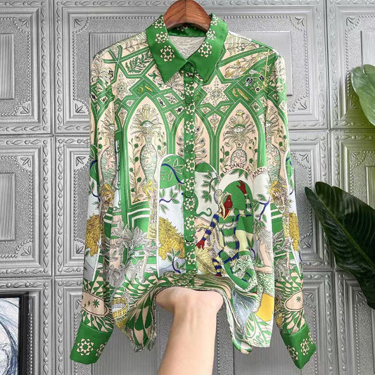 Elegant Printed Silk Lapel Long Sleeve Blouse Top