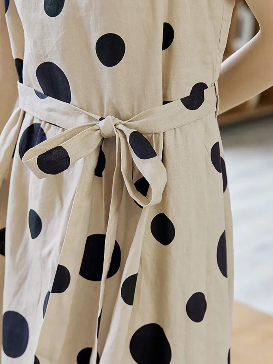 Women's Polka Dot Drawstring Linen Vest Dress