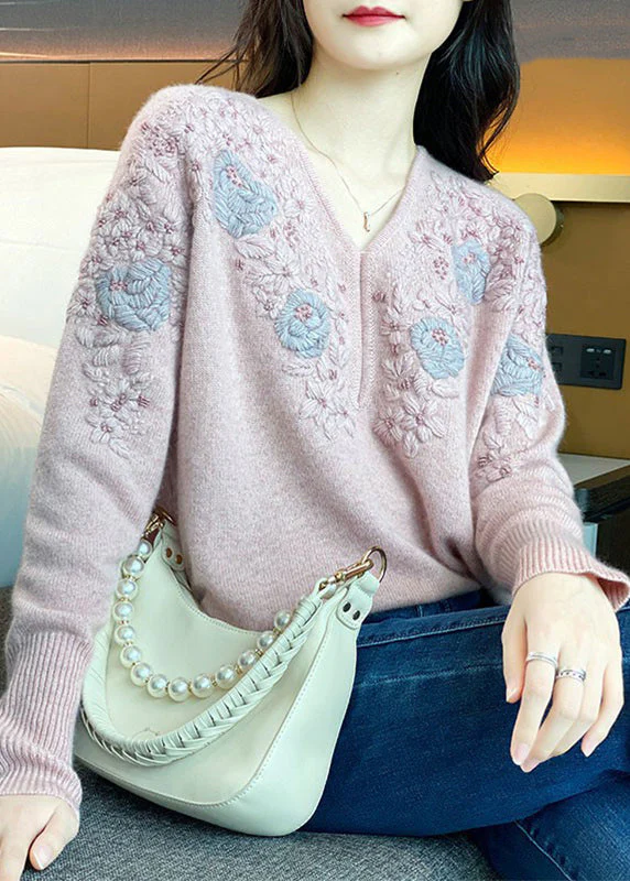 Women's Loose V-Neck Embroidered Patchwork Cotton Knit Sweater