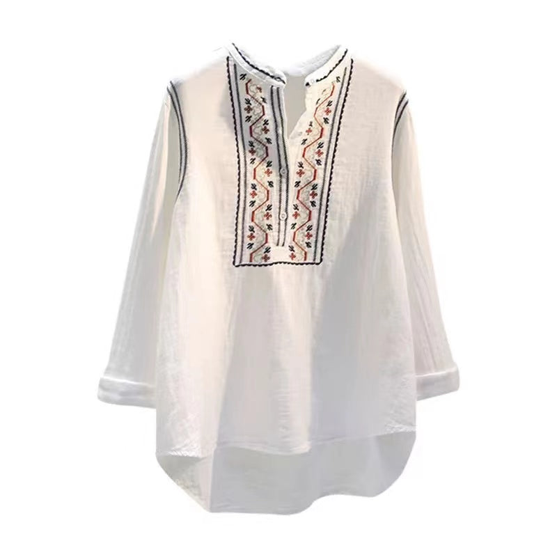 Loose Embroidered Standing Collar Buttoned Long Sleeve Shirt Top