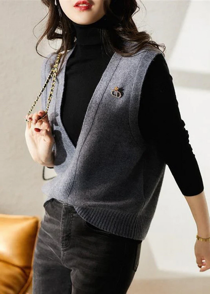 Simple V-neck patchwork knit vest sleeveless