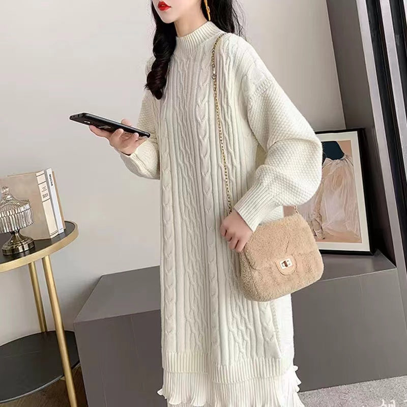 Elegant Patchwork Long Sleeve Long Knit Sweater Dress