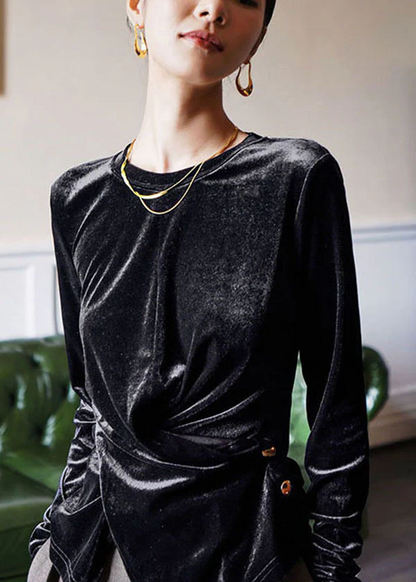 Elegant velvet blouse with asymmetric buttons long sleeves