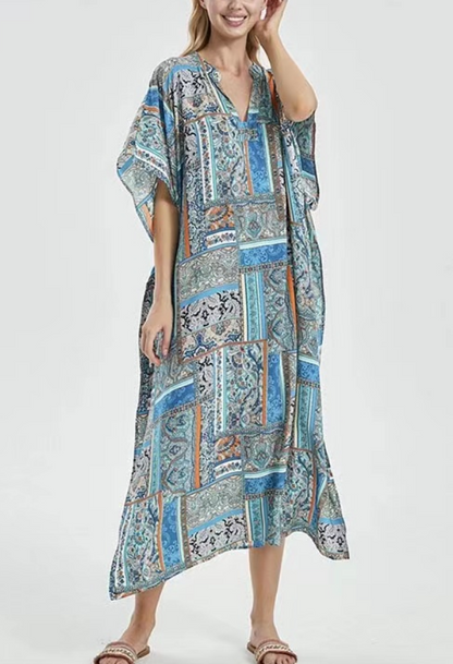 Loose V-Neck Printed Beach Short Sleeve Dress