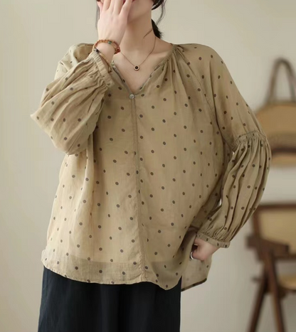 Elegant Printed Polka Dot V-Neck Linen Long Sleeve Shirt Top