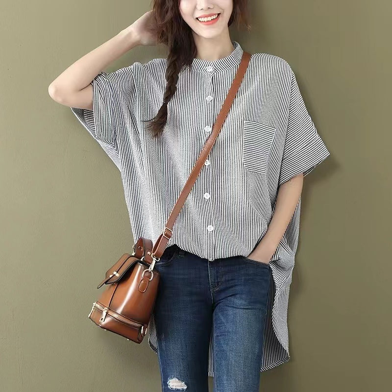 Casual Blue Striped Short Sleeve Shirt Top