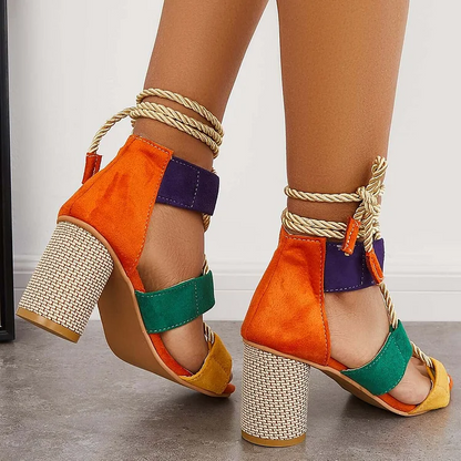 Hollow Colorful Chunky Heel Lace-Up Sandals