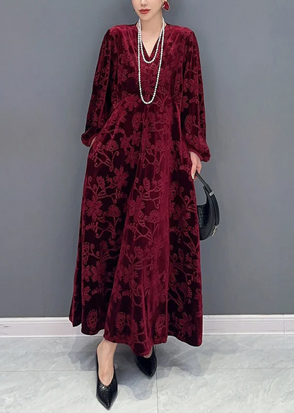 French V-Neck Pocket Embroidered Floral Long Dress