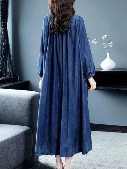 Loose V-Neck Embroidered Button Shredded Pleat Long Sleeve Dress