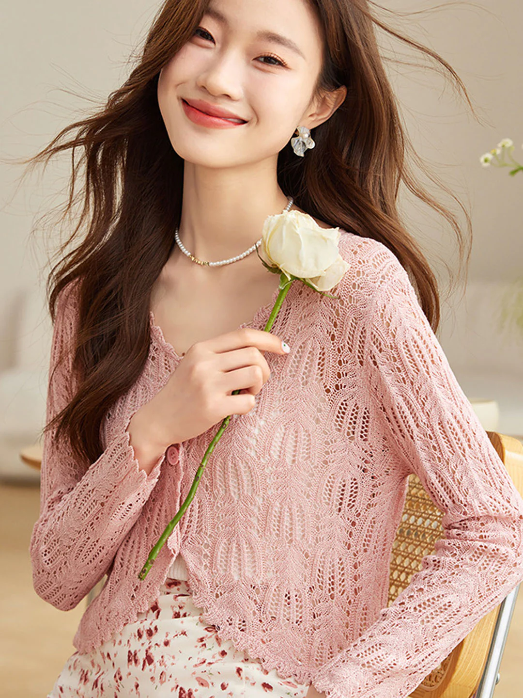 French V-Neck Hollow Out Ice Silk Knit Cardigan Top