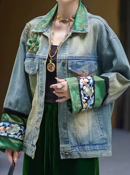 Vintage Patchwork Printed Beaded Denim Jacket