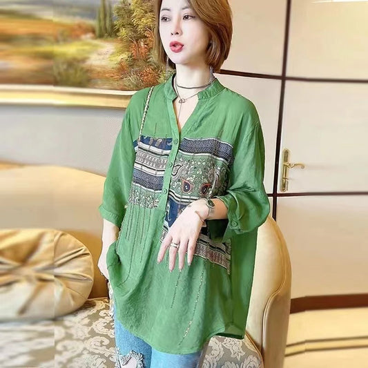 Casual Printed Stand Collar Short Sleeve Cardigan Shirt Top