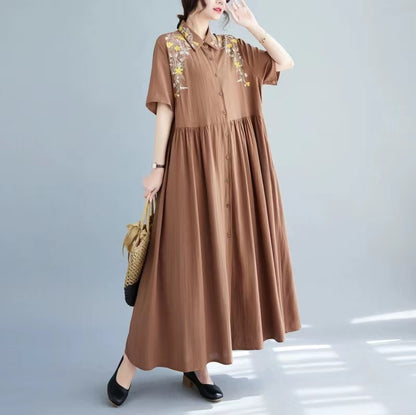 Elegant Lapel Embroidered Crushed Pleat Short Sleeve Shirt Dress