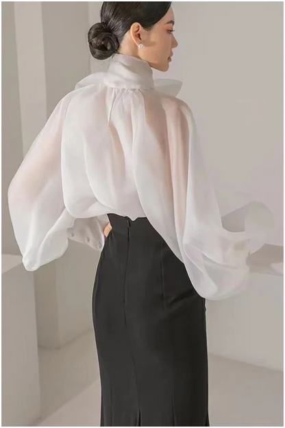 Women's Elegant Bow Standing Collar Lantern Sleeve Blouse