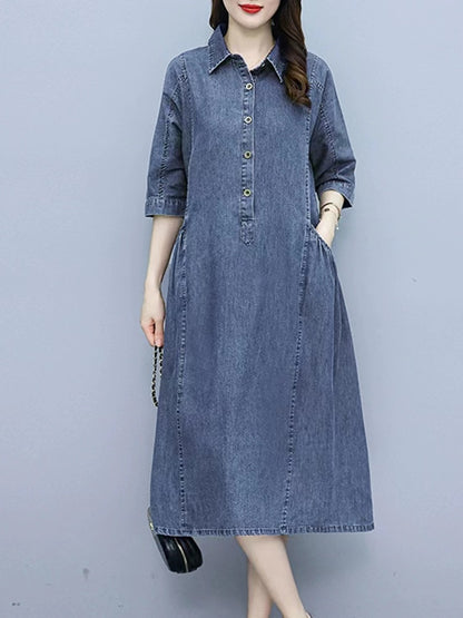 Loose Lapel A-line Half Sleeve Denim Dress