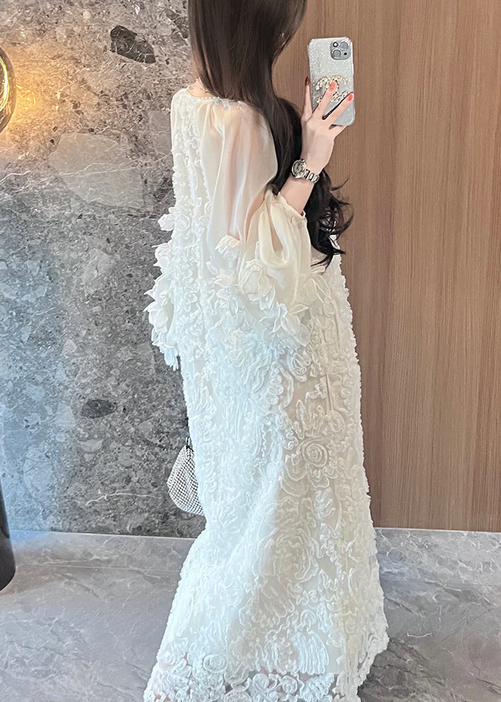 Italian V-Neck Tulle Patchwork Lace Long Dress