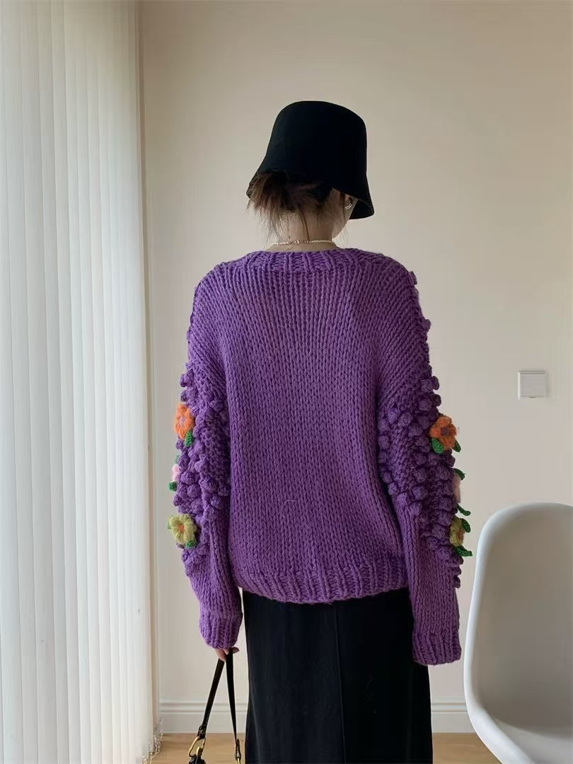 Elegant Crafted Cubic Floral Purple Knitted Sweater