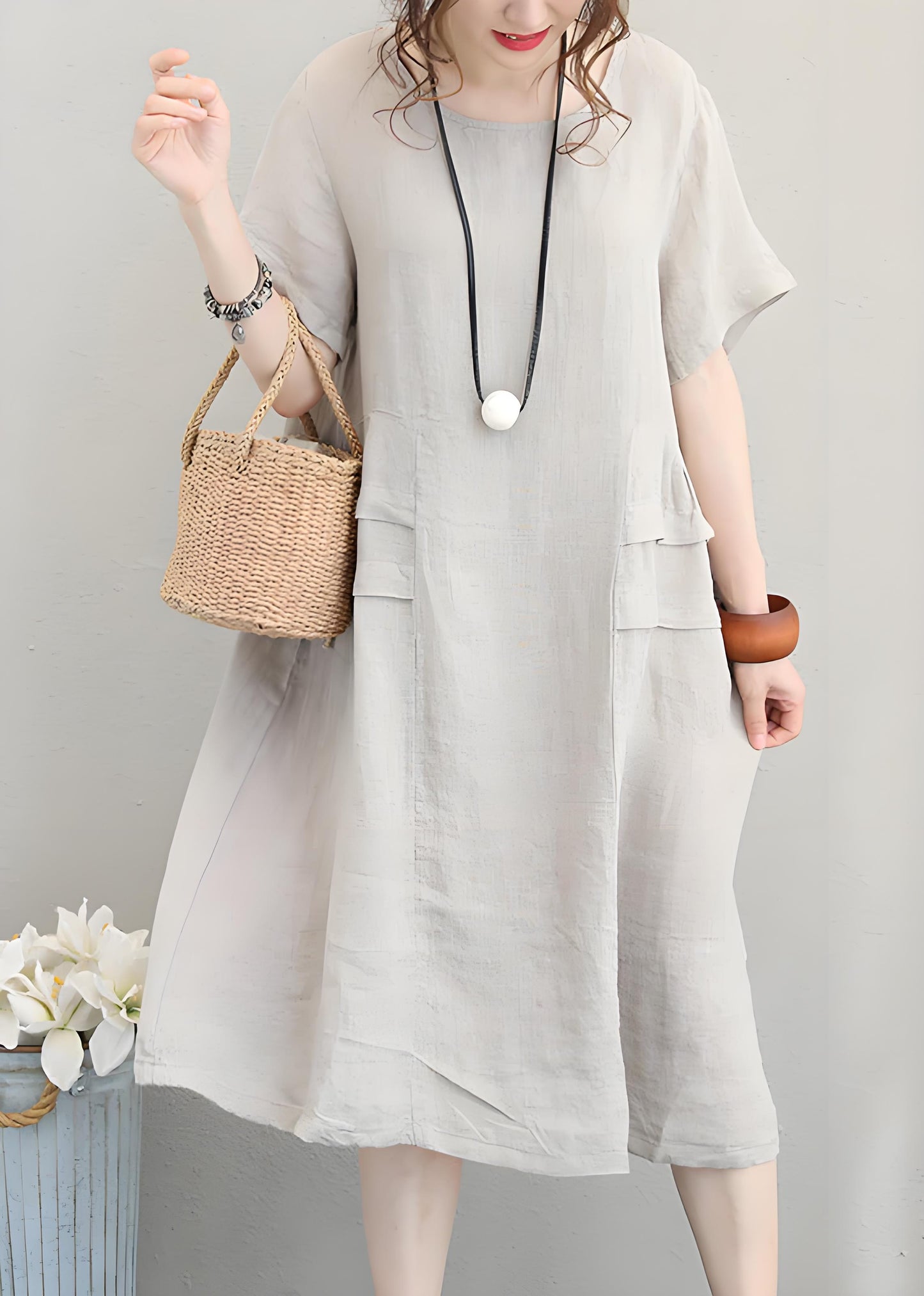 Women's Plus Size Beige O Neck Patchwork Cotton Dress