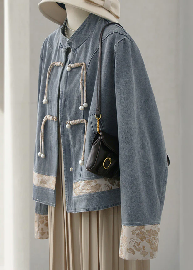 Casual Standing Collar Button Patchwork Denim Jacket Long Sleeve