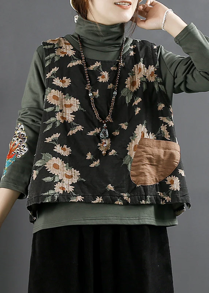 Vintage O-Neck Printed Pocket Vest