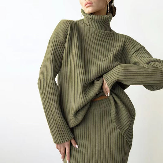 High Neck Green Pullover Knitted Sweater