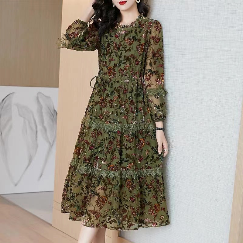 Elegant ruffled patchwork velvet mid-length dress