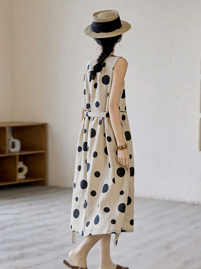 Women's Polka Dot Drawstring Linen Vest Dress