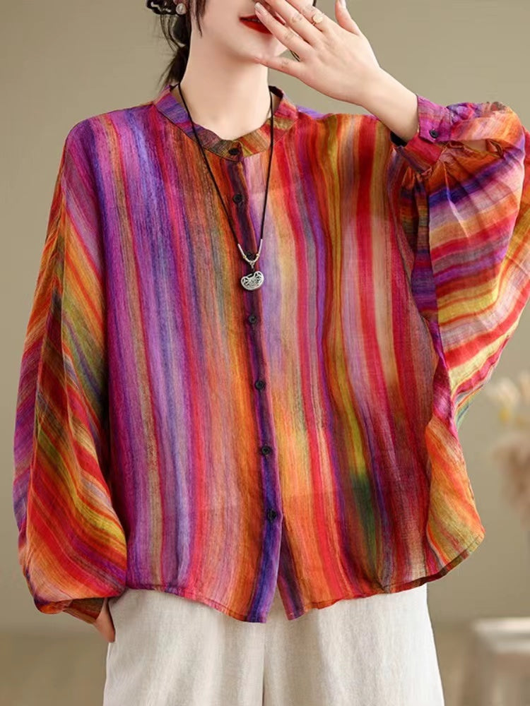 Casual stand collar printed striped cotton long sleeve shirt top