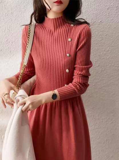 Women's High Neck Solid Color Knit Sweater Dress