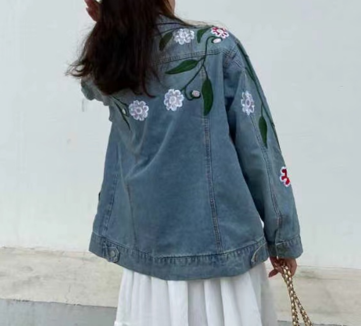 Loose Floral Embroidered Denim Jacket