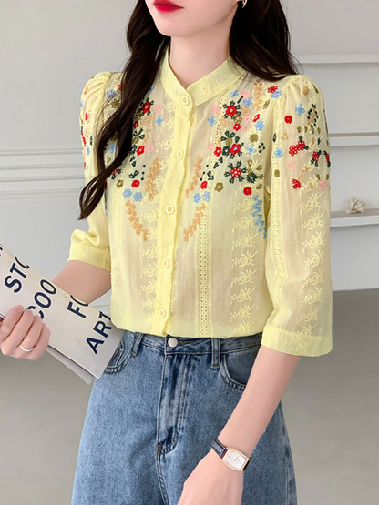 Elegant Embroidered Jacquard Short Sleeve Cardigan Shirt Top