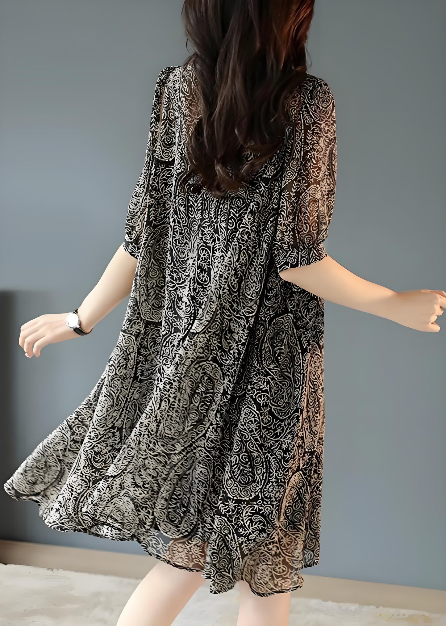 Women's Black Plus Size Printed Round Neck Dresses