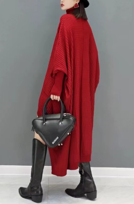 Casual Big Silhouette Knit Sweater Dress High Neck Asymmetric Bat Sleeve