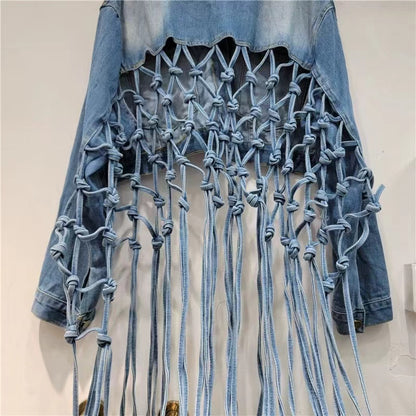 Denim Mesh Fringe Long Sleeve Jacket