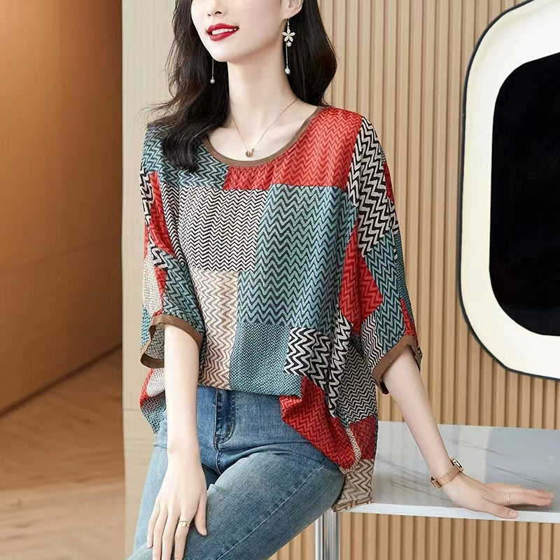 Casual O Neck Printed Patchwork Silk Half Sleeve Top