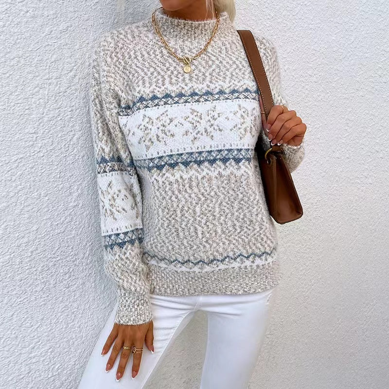 High neck pullover snowflake geometric knit jumper