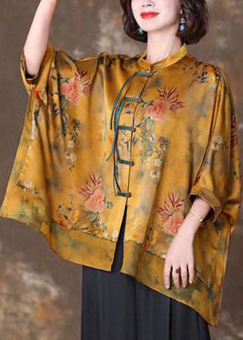 Elegant Stand Collar Oversized Patchwork Printed Silk Blouse Batwing Sleeve Top