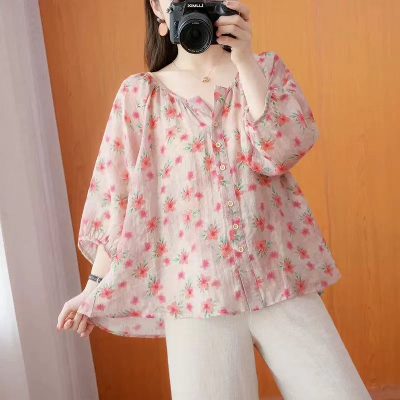 Elegant Printed Cardigan Cotton Lantern Sleeve Blouse Top